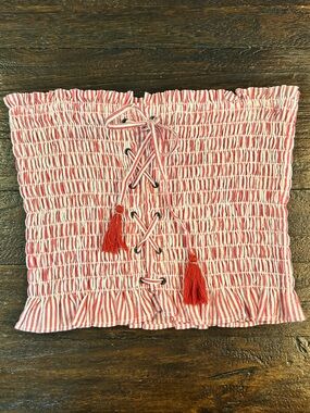 American Eagle Outfitters Red and White Lace Up Smocked Top with Stripes